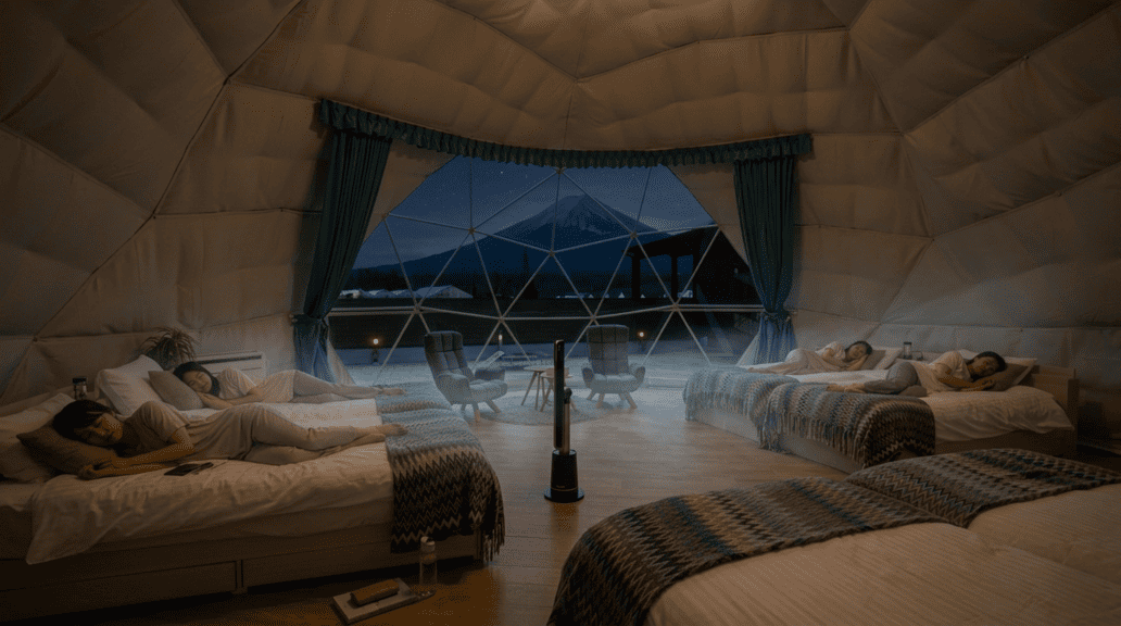 夜のドームテントで涼しく眠れるグランピング空間