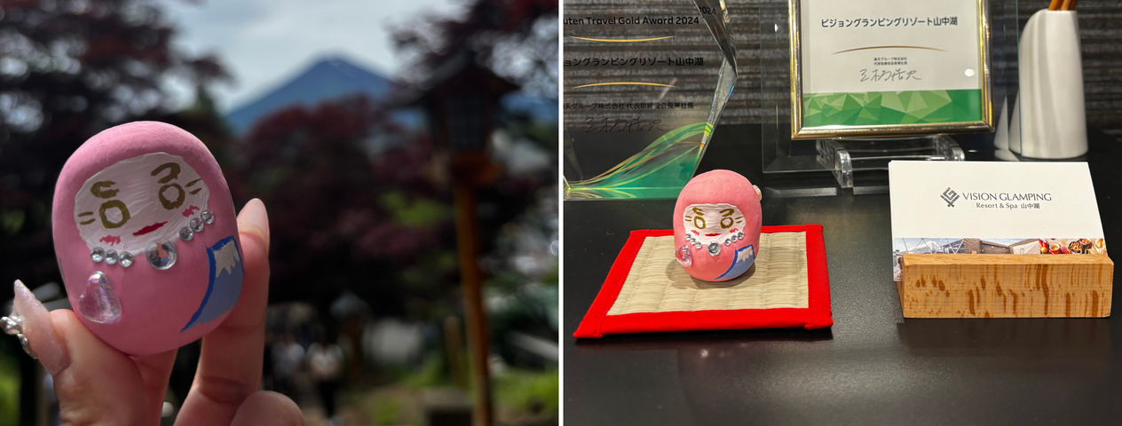 富士山を背景にした五葉だるまと施設フロントに飾られた五葉だるま